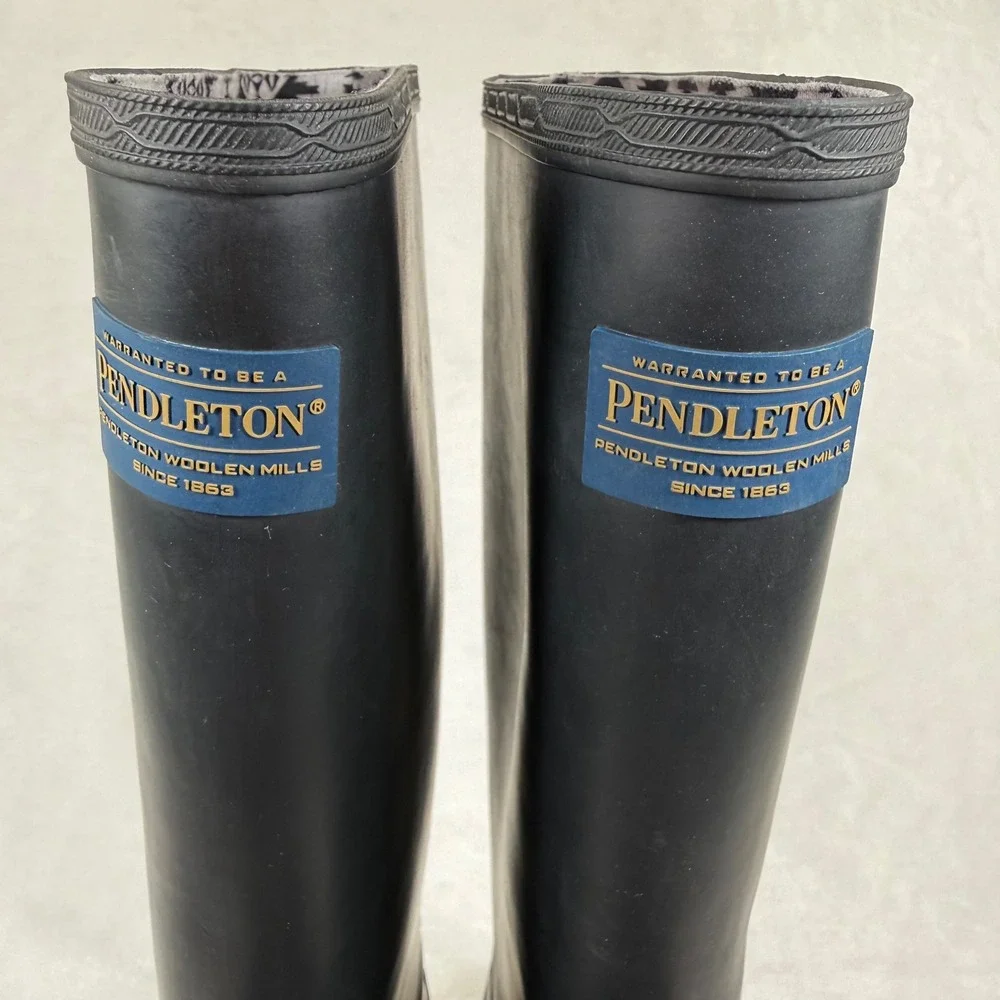 Pendleton Black Rubber Tall Rain‎ Boots Womens Size 7 Southwestern Lining Buckle